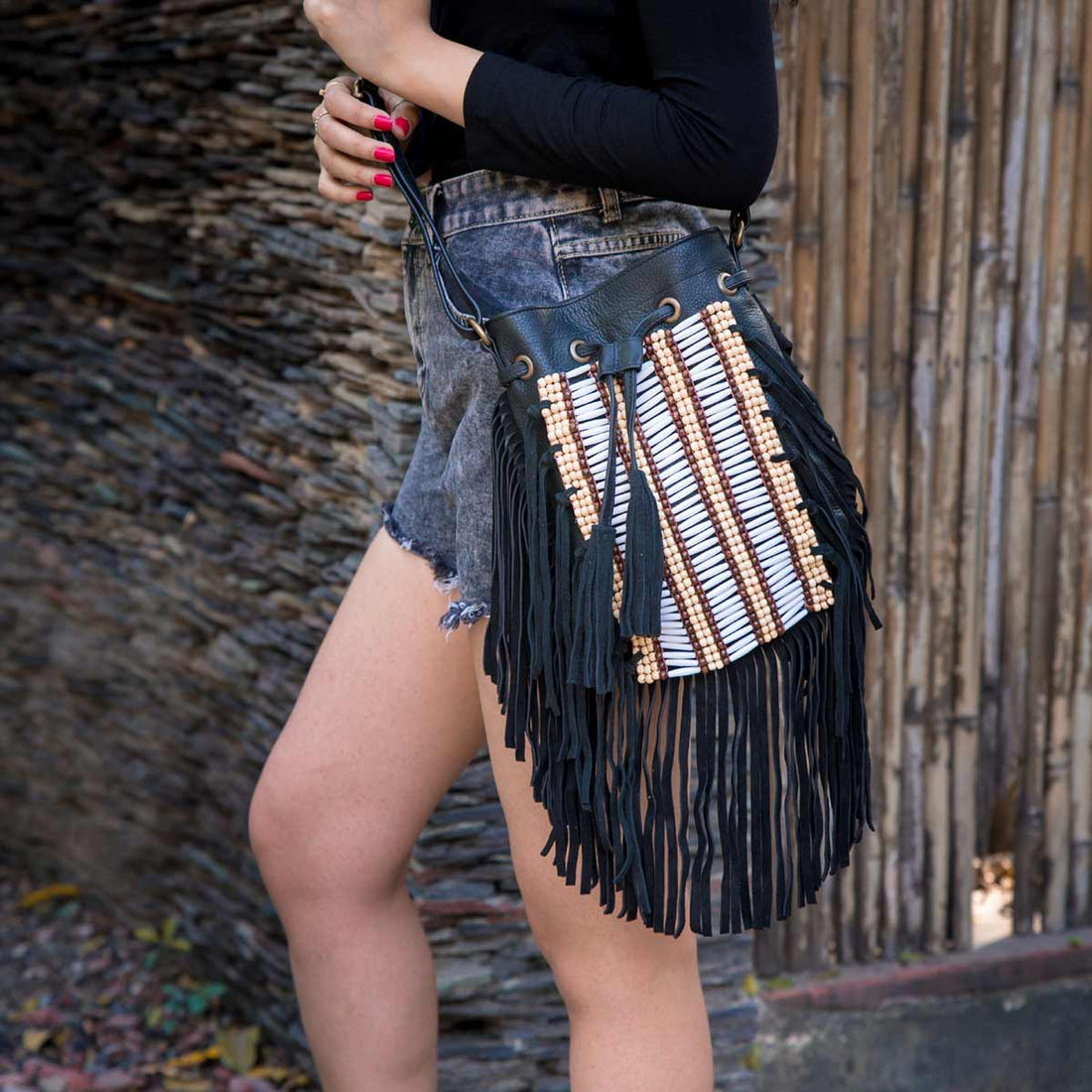 TribalBead - Leather Sling Bag with fringes